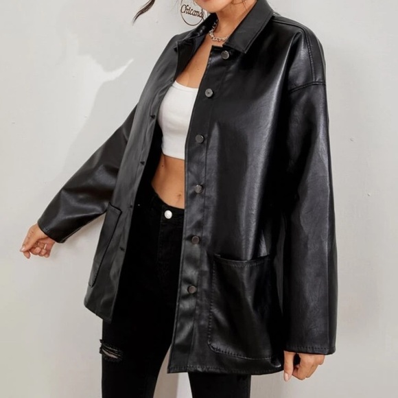 Black Button up trucker jacket vegan leather - Picture 1 of 2